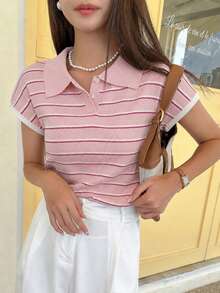 Knit Mix Damen eleganter, lässiger gestreifter Pullover mit Kragen, Knöpfen und Kapuze, Kurzarm, geeignet für Frühling/Sommer, Alltag, Zuhause, Pendeln, Büro, Pink - Pink - Übersicht 6