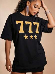 Camiseta de manga corta con cuello redondo suave y casual de verano para mujer, tops para mujer, Generación Z, tops, curvas, tops de mujer, tops de verano, conjuntos de primavera, estilo callejero americano, casual deportivo, estilo unisex, estilo casual urbano, ropa de calle retro, top , tops blancos, el número de la suerte 777, significado auspicioso, estrella de cinco puntas, honor, campeón, trinidad. BlancoAdecuado para primavera, verano y otoño - Negro - Ver 2