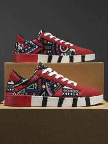 Men's Lace-Up Casual Canvas Sneakers With Random Graffiti & Colorblock Letter Print - Black and Red - View 2