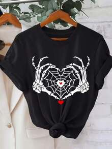 Heart Spider Web - Short-Sleeved T-Shirt With A Round Neck And Regular Fit, Perfect Choice For Spring And Summer, Comfortable Women's Fashion Clothing - Soft, Breathable, Machine Washable, Ideal For Casual Outfits. Women's Blouses > Clothing - 黑色 - 查看 6