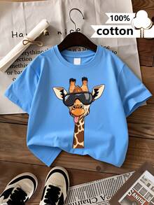 Camiseta de Jirafa con Gafas de Moda y Lengua de Afuera para Hombre y Mujer - 100% Transpirable, Manga Corta, Cuello Redondo, Lavable a Máquina, Corte Regular, Ropa Casual de Verano Adecuada para Niños, Moda Divertida para Juegos y Atuendos Informales - Azul - Ver 7