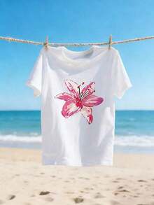 1 Piece Floral Print Short Sleeve T-Shirt, Casual And Lovely, Women's Floral Print T-Shirt, Round Neck Pullover, Short Sleeve T-Shirt, Graphic T-Shirts For Women, 180g Tops, 100% Cotton. - 白色 - 查看 2