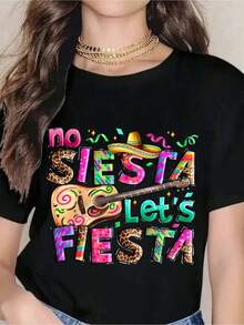 No Siesta Lets Fiesta, Camiseta Mexicana para Mujer, Divertida Camiseta de Verano con Diseño de Sombrero y Guitarra para Celebración del Cinco de Mayo, Ropa Festiva, Camiseta de Mujer - Negro - Ver 1