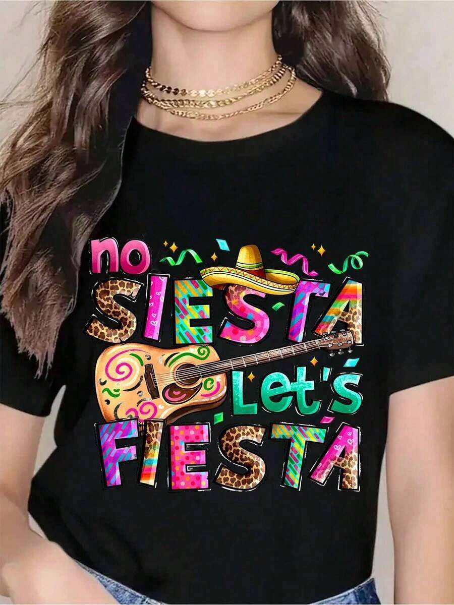 No Siesta Lets Fiesta, Camiseta Mexicana para Mujer, Divertida Camiseta de Verano con Diseño de Sombrero y Guitarra para Celebración del Cinco de Mayo, Ropa Festiva, Camiseta de Mujer - Negro - Ver 1