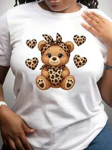 Women's Clothing Leopard And Bear Print T-Shirt - Casual Short Sleeve Crew Neck Top, Soft And Stretchy, For Spring, Summer And Autumn, Machine Washable, Comfortable Fit For Everyday Wear, Non-See-Through Material, Women's Shirts - 白色 - 查看 6