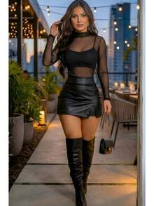 Women's Set: Faux Leather Skirt And Black Sheer Tulle Bodysuit - Sexy And Elegant Look - màu đen - Xem 2
