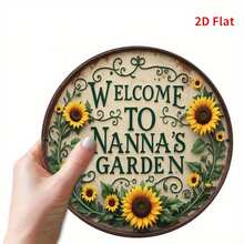 1 pièce Décoration murale plate vintage de tournesol - Design plat 2D, panneau rond avec le texte "Bienvenue dans le jardin de Nanna", taille : 20 cm x 20 cm, en fer, convient pour la décoration de la maison et du jardin ou en cadeau | Décoration murale de jardin rustique | Style vintage. Trous pré-percés comme indiqué dans le tableau des tailles - Multicolore - Voir 5