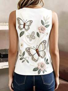 Selamara Blusa sin mangas de verano para mujer con estampado de mariposas y flores, cuello en V, diseño de cuello elegante, ajuste delgado, casual - Blanco 3 - Ver 2
