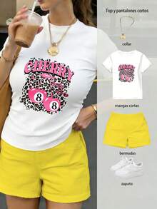 Conjunto de blusa y pantalones cortos para mujer, artesanía de estampado térmico de alta definición, patrón de cerezas rosas y número ocho con fondo de leopardo, combinación de rosa y negro estilo juvenil - Camiseta blanca + pantalón corto amarillo - Ver 1