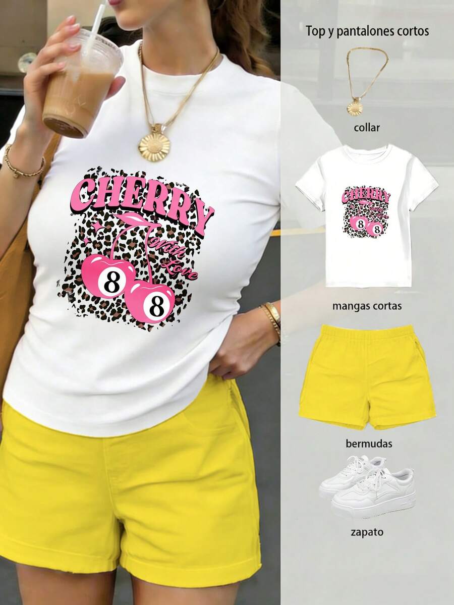 Conjunto de blusa y pantalones cortos para mujer, artesanía de estampado térmico de alta definición, patrón de cerezas rosas y número ocho con fondo de leopardo, combinación de rosa y negro estilo juvenil - Camiseta blanca + pantalón corto amarillo - Ver 1
