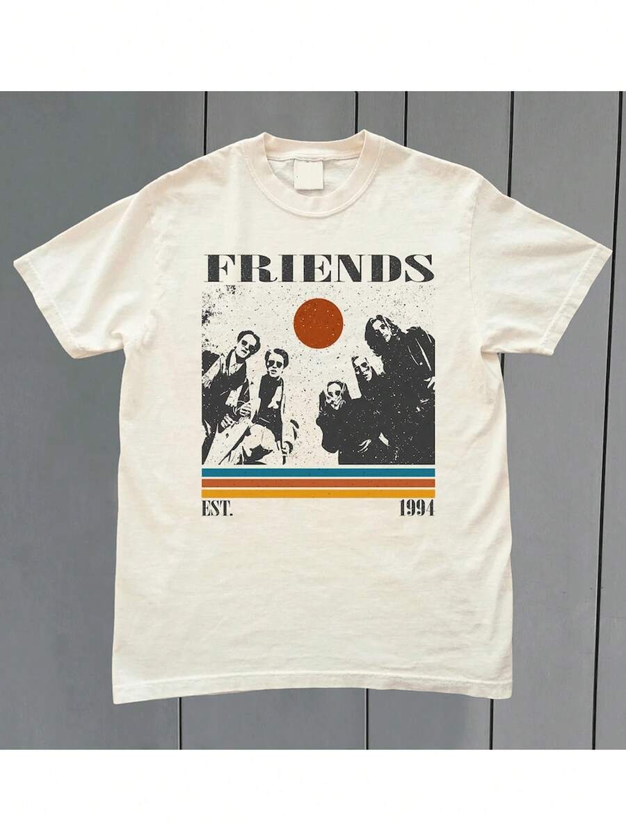 Plus Size T-Shirt For Women, Fun Vintage 90s Style, With Friends TV Show Graphics, Casual Minimalist Design, Round Neck, Short Sleeve, Loose Fit, Ideal For Summer. - 杏色 - 查看 1
