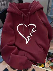 Women's Drawstring Hoodie With LOVE Heart Print - Burgundy - View 1