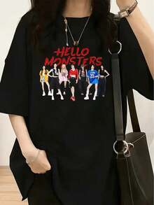 1 Piece Of Women's Fashion T-Shirt, Spring-Summer, With A White Teddy Bear Wearing Fashionable Glasses And Red And Blue Striped Pants, 180g, 100% Cotton. - 黑色 8 - 查看 11