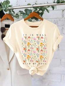Camiseta de mujer transpirable de talla grande con estampado de flores vintage, adecuada para primavera y verano, playeras de mujer algodón,  mujer premium - Albaricoque - Ver 1