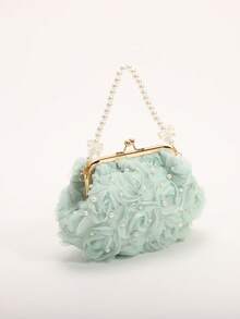 Bolso de mano elegante de mujer color rosa con flores 3D, bolso de noche con decoración de perlas en forma de rosa 3D, con correa de hombro desmontable de cadena dorada, adecuado para bodas, fiestas y ocasiones formales - Verde - Ver 3