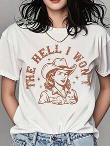 Women's Clothing Women's Crew Neck T-Shirt With Cowgirl Print With Hat And The Phrase "I Won't Text", Short Sleeve, Casual Wear For Daily Outings And Western Style Events, Women's Shirts - 白色 - 查看 1