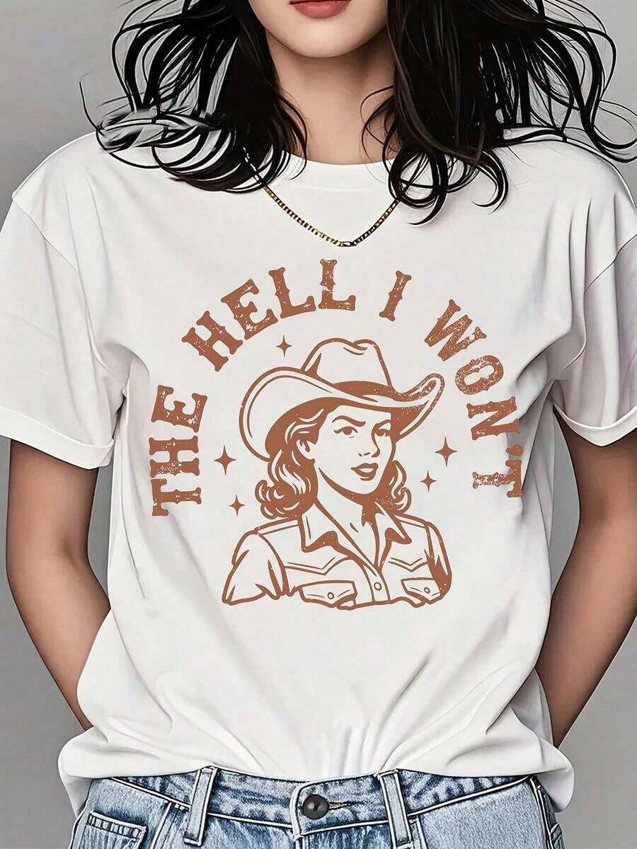 Women's Clothing Women's Crew Neck T-Shirt With Cowgirl Print With Hat And The Phrase "I Won't Text", Short Sleeve, Casual Wear For Daily Outings And Western Style Events, Women's Shirts - 白色 - 查看 1