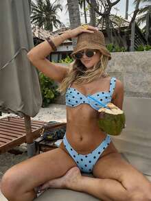 Women 2 Piece Bikini Set Bathing Suit Swimsuits Solid Color Ruched Bra And Elastic Thong Sets Summer Holiday Beachwear Party Clubwear - Z21455-Blue Dots - 查看 2