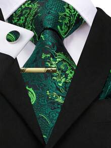 Set de 4 piezas de corbata con estampado floral verde jacquard para hombre, incluye pañuelo de bolsillo, gemelos aleatorios y pinza de corbata dorada, corbata formal festiva para ocasiones especiales - Verde - Ver 1