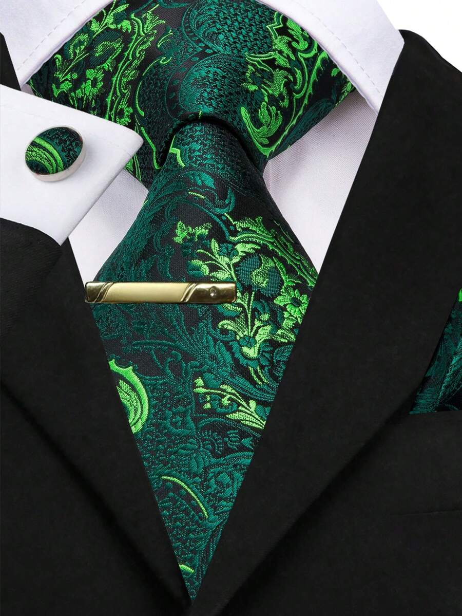 Set de 4 piezas de corbata con estampado floral verde jacquard para hombre, incluye pañuelo de bolsillo, gemelos aleatorios y pinza de corbata dorada, corbata formal festiva para ocasiones especiales - Verde - Ver 1