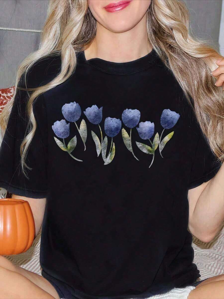 Women's Tulip Print T-Shirt, Casual Style, Round Neck, Short Sleeve, Soft, Comfortable, Simple And Fashionable, Summer Gift For Her, Best Gift For Friends On Juneteenth, Graduation 2026 And Birthdays, Women's Clothing, Printed Blouses - 黑色 - 查看 1