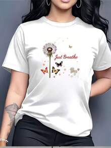 Camiseta ligera para mujer "Just Breathe", diseño de mariposa color caléndula - adecuada para salidas familiares y como regalo para el Día de la Madre. - Blanco - Ver 1