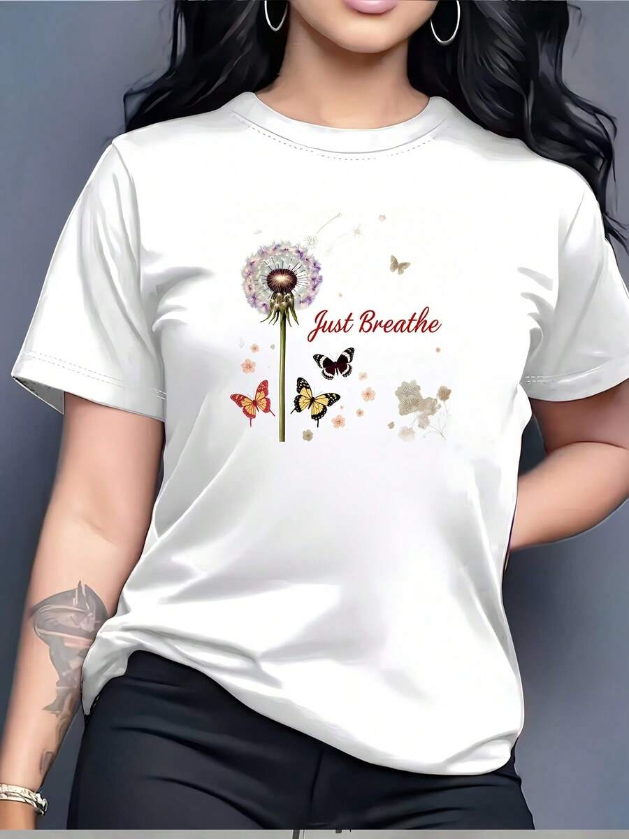 Camiseta ligera para mujer "Just Breathe", diseño de mariposa color caléndula - adecuada para salidas familiares y como regalo para el Día de la Madre. - Blanco - Ver 1