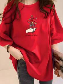 Under The RadarsoftsoftPlus Size, 2X595 Women's Plus Size T-Shirt, Breathable And Comfortable, With Floral Print 'I'm Growing Today', Premium Look, Soft, Casual, For Everyday Wear, Loose Fit, Fashionable T-Shirt For Curvy Figures, Elegant, Plus Size, 100% Cotton, Coolcool-Vintage Street Style Unisex Loose Cotton Short Sleeve Crew Neck T-Shirt - 紅色 - 查看 7