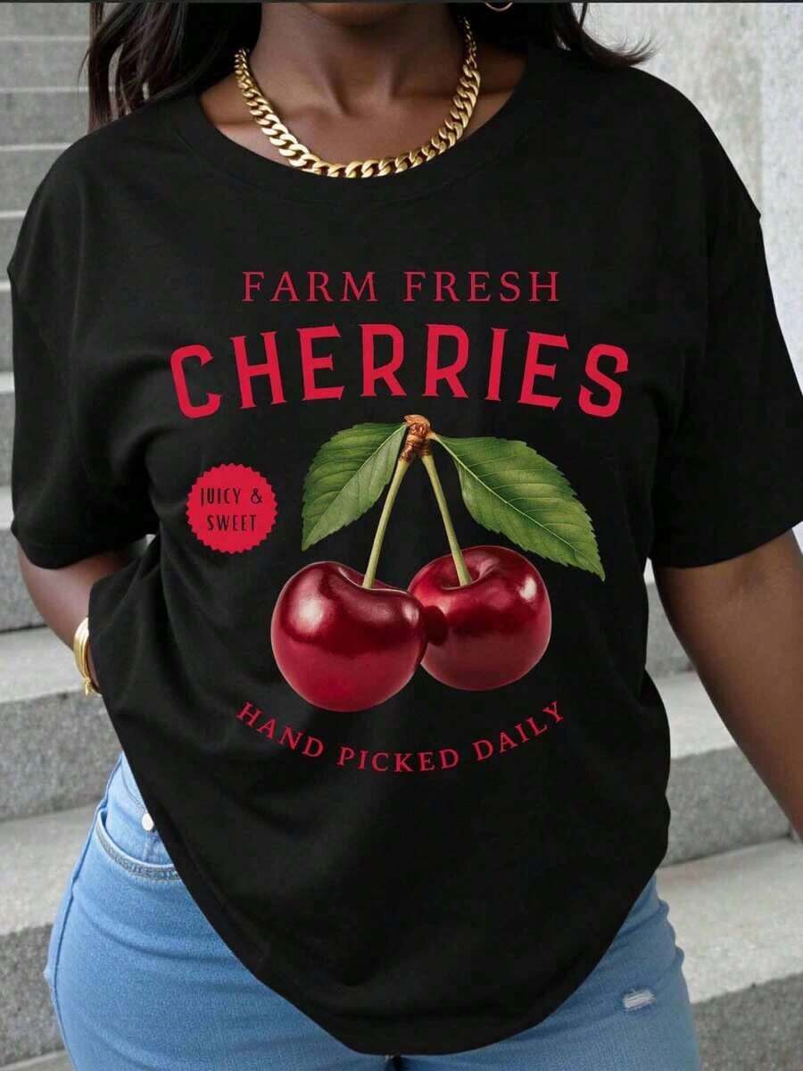 Casual Summer T-Shirt With Fresh Farm Cherry Print, Juicy And Sweet, Hand-Picked, Women's Daily Graphic Tee, Casual Summer Top With Fruit Print, Cool Fashion Clothing For Women - 黑色 - 查看 1