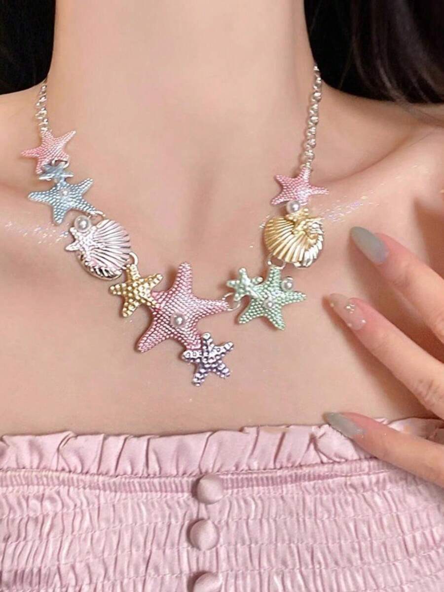 1 chiếc vòng cổ ngọc trai hình sao biển nhiều màu sắc phóng đại - Nhiều màu - Xem 1