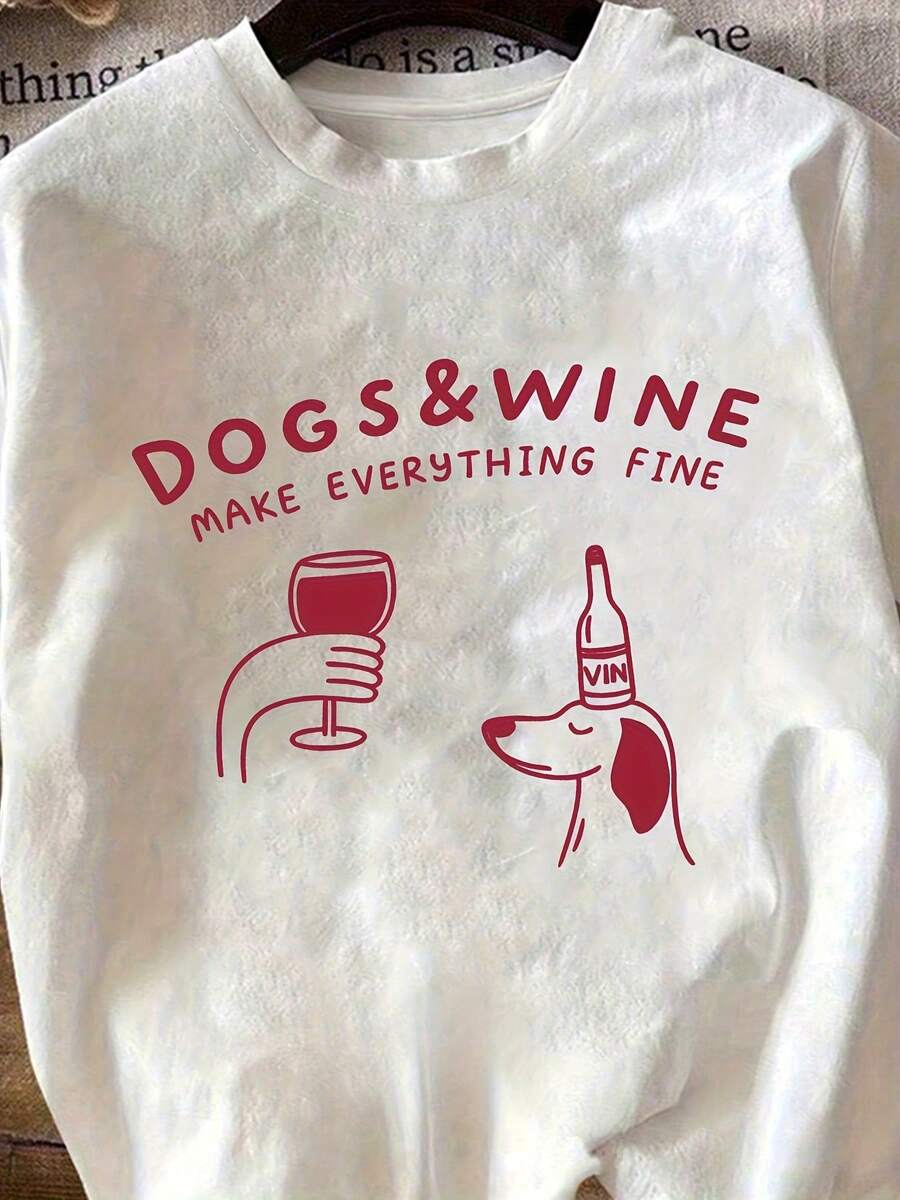 New 2026 Fashion T-Shirt For Women With Round Neck, Fashionable Cartoon Puppy Pattern Letter Print And Wine Red, Versatile For Daily Wear, Casual And Comfortable Short Sleeve T-Shirt - 白色 - 查看 1