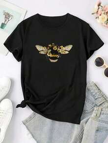 Women's Casual Short Sleeve Sport T-Shirt With Round Neck And Bee Print - 黑色 - 查看 3