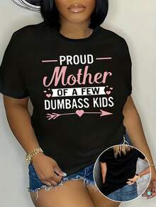 Women's Modern, Casual T-Shirt, Perfect For Parties And Lounging At Home, 100% Cotton, Loose Fit. Plus Size Mother Print T-Shirt, Casual Short Sleeve Crew Neck Top For Spring & Summer, Women's Clothing - 黑色 - 查看 2