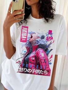 Oversized Black Cyberpunk Akira Drip Anime Girl Streetwear T-Shirt - White - View 1