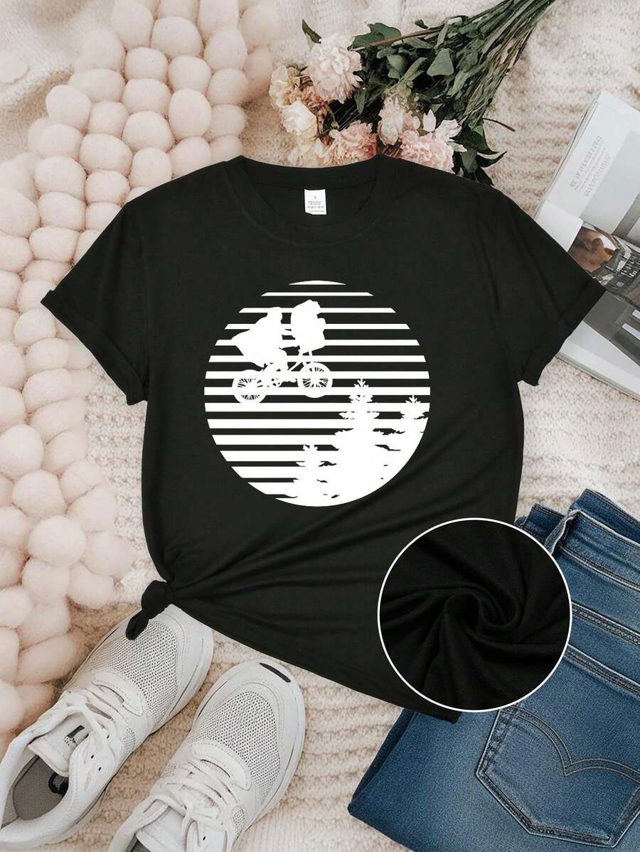 Casual Round Neck T-Shirt With Print, Breathable Short Sleeves, Soft Fabric, Plus Size Sports Tops For Women - 黑色 - 查看 1