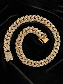 1pc 15mm Shiny Chunky Chain Design Rhinestone Inlaid Hip Hop Style Bracelet + Necklace Set, Suitable For Daily Outfit And Party Decoration - 13mm Dragon Beard Buckle - View 16