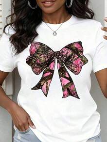 GiftCamia Women's Round Neck Top, Pink, Camouflage Print With Bow, Short Sleeve, Casual Style For Everyday Wear - Urban Vintage Style, Unisex, Loose Fit, Cotton, Short Sleeve, Round Neck.Soft - 白色的 - 查看 6