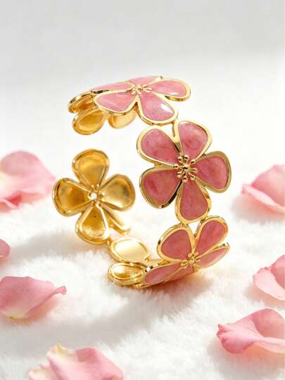 1 pieza Brazalete de acero inoxidable con forma de flor de 5 pétalos de estilo minimalista y fresco con artesanía de esmalte de colores, adecuado para el uso diario, vacaciones o como regalo de fiesta para amigos
