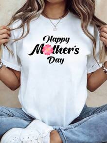 Plus Size Women's Spring/Summer T-Shirt With A Mother's Day Themed Design And Simple Floral Print. Perfect For Mother's Day, Family Gatherings, Everyday Wear, Short Sleeves. - 白色 - 查看 1