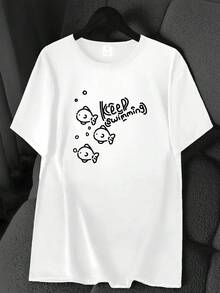 T-Shirt With A Fish And Water Bubble Print, "Keep Wimming." Available In 6 Colors, Short Sleeves, Round Neck, High Elasticity, Casual Sporty Style. Machine Washable. Suitable For Spring And Summer. Can Be Worn In All Seasons. Women's Clothing. Elegant Party Outfit, T-Shirt For Elegant Ladies, Blouses Suitable For Curvy Women, Casual Wear, Cool And Sweat-Free Summer Clothing, Fun Letter Print. - 白色 - 查看 6