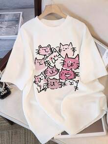 Mujer002 Camiseta de manga corta blanca de verano para mujer - Estampado de gato de dibujos animados, corte holgado, cuello redondo, top casual de transpirable, camiseta con estampado de gato - Blanco - Ver 1