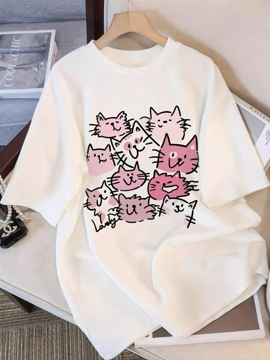 Mujer002 Camiseta de manga corta blanca de verano para mujer - Estampado de gato de dibujos animados, corte holgado, cuello redondo, top casual de transpirable, camiseta con estampado de gato - Blanco - Ver 1