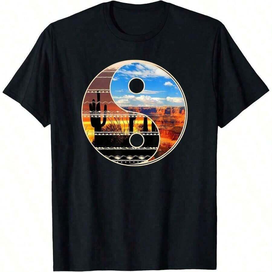 Vintage T-Shirt With California Golden Poppy Floral Print For All Seasons, Short Sleeve Crew Neck T-Shirt, One-Sided Print, 100% Cotton, Unisex, Women's Basic Garment, Summer Clothing - 黑色6 - 查看 1