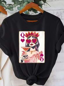 Queen Of Hearts, Queen Of Cards Print, Women's Casual Short Sleeve T-Shirt, Comfortable Fit, Matching Sister Set, Outdoor Travel Essential, Women's T-Shirt, Spring/Summer T-Shirt. - 黑色 - 查看 1