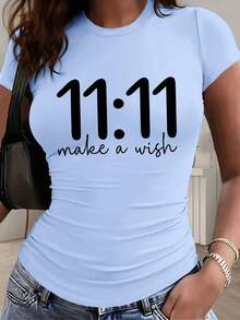 Artistic 11:11 Letter Print - Y2K Style - Women's Slim Fit Solid Color Crew Neck Short Sleeve T-Shirt, Casual And Sporty Style, With Gathered Waist Detail, Suitable For All Seasons. - 黑色 - 查看 6