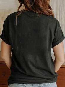 Women's Oversized Extra Large T-Shirt For Valentine's Day, Fashionable Casual Crew Neck T-Shirt With Fun And Cute Cat And Shrimp Prints, Crew Neck, Slightly Stretchy Fabric, Short Sleeves, Suitable For All Seasons, Women's Going Out T-Shirt - 黑色 - 查看 3