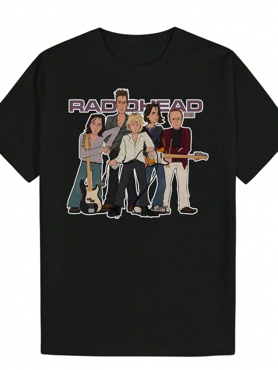 Men's Cartoon Style Graphic Band Member T-Shirt - Casual Black Crew Neck T-Shirt With Decorative Details, Summer Streetwear For Music Fans, Fun Design With Durable Fabric, Best Gift For Men And Women. - 黑色 - 查看 1