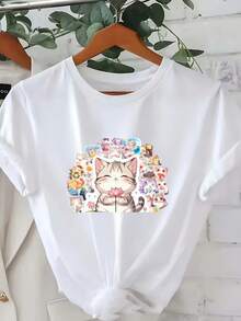 | Exquisite Design | Loose And Comfortable | Easy To Match | Women's Casual Summer T-Shirt With Anime Cat Print, Korean Style, Regular Fit, Crew Neck, Short Sleeve - 白色 - 查看 7