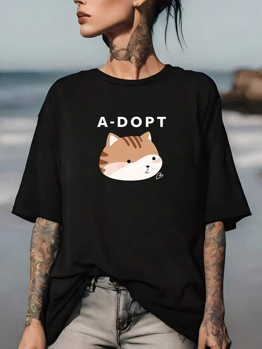 Adopt A Pet - Ultra Soft 180g Printed T-Shirt - The Perfect Valentine's Day Gift For Cat Lovers | Family And Team Building Apparel | Cute And Comfortable T-Shirts Suitable For Various Occasions. - 黑色 - 查看 1