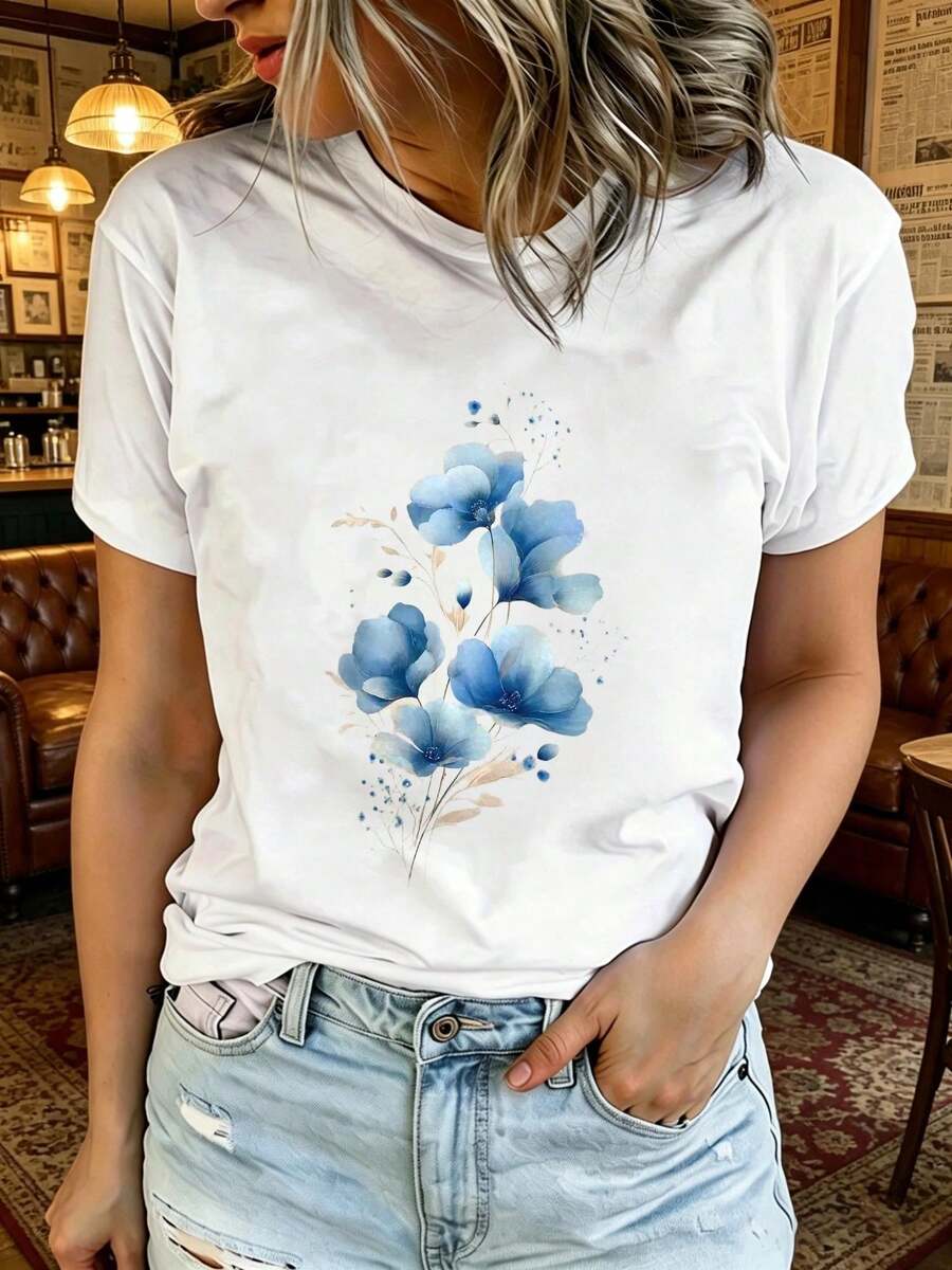 Camiseta Estampada para Mujer - Camiseta Casual de Manga Corta y Cuello Redondo, Blanca con Ilustraciones de Limones Dibujadas a Mano, Corte Relajado para Todas las Estaciones, Perfecta para Uso Diario y Atuendos de Vacaciones (Lavable aáquina). - Blanco - Ver 1